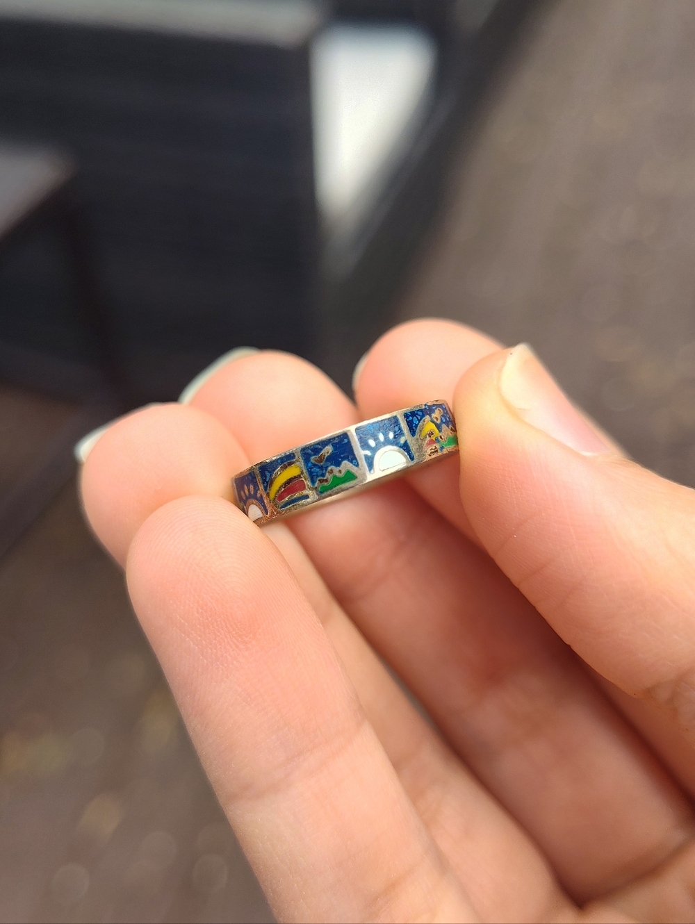 Sterling Silver Enamel Multicolor Patterned Band Ring